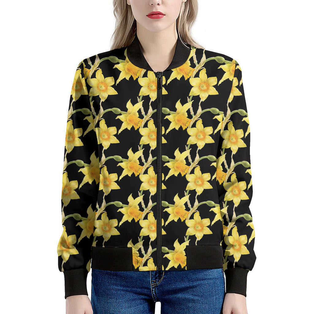 Watercolor Daffodil Flower Pattern Print Women's Bomber Jacket
