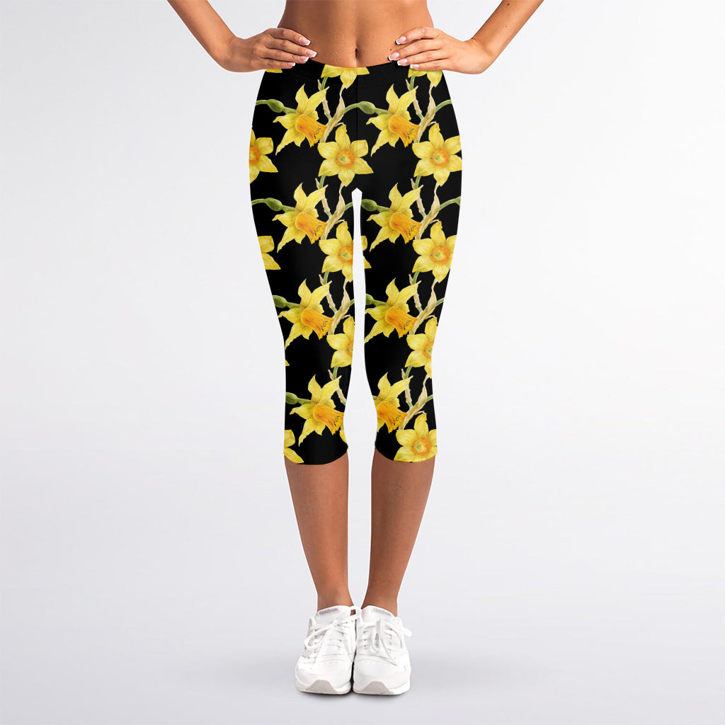 Watercolor Daffodil Flower Pattern Print Women's Capri Leggings
