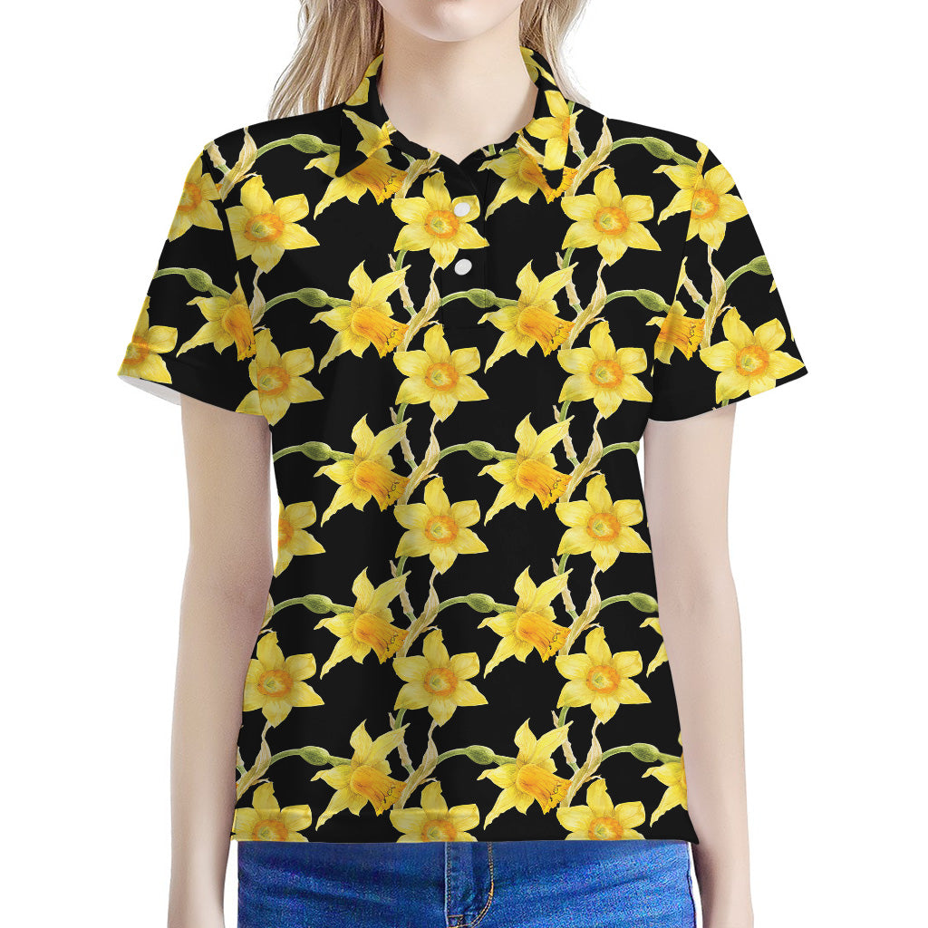 Watercolor Daffodil Flower Pattern Print Women's Polo Shirt
