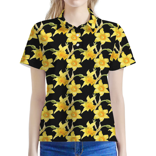 Watercolor Daffodil Flower Pattern Print Women's Polo Shirt