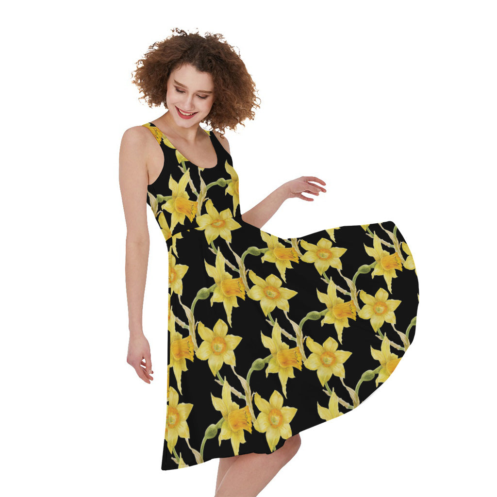 Watercolor Daffodil Flower Pattern Print Women's Sleeveless Dress