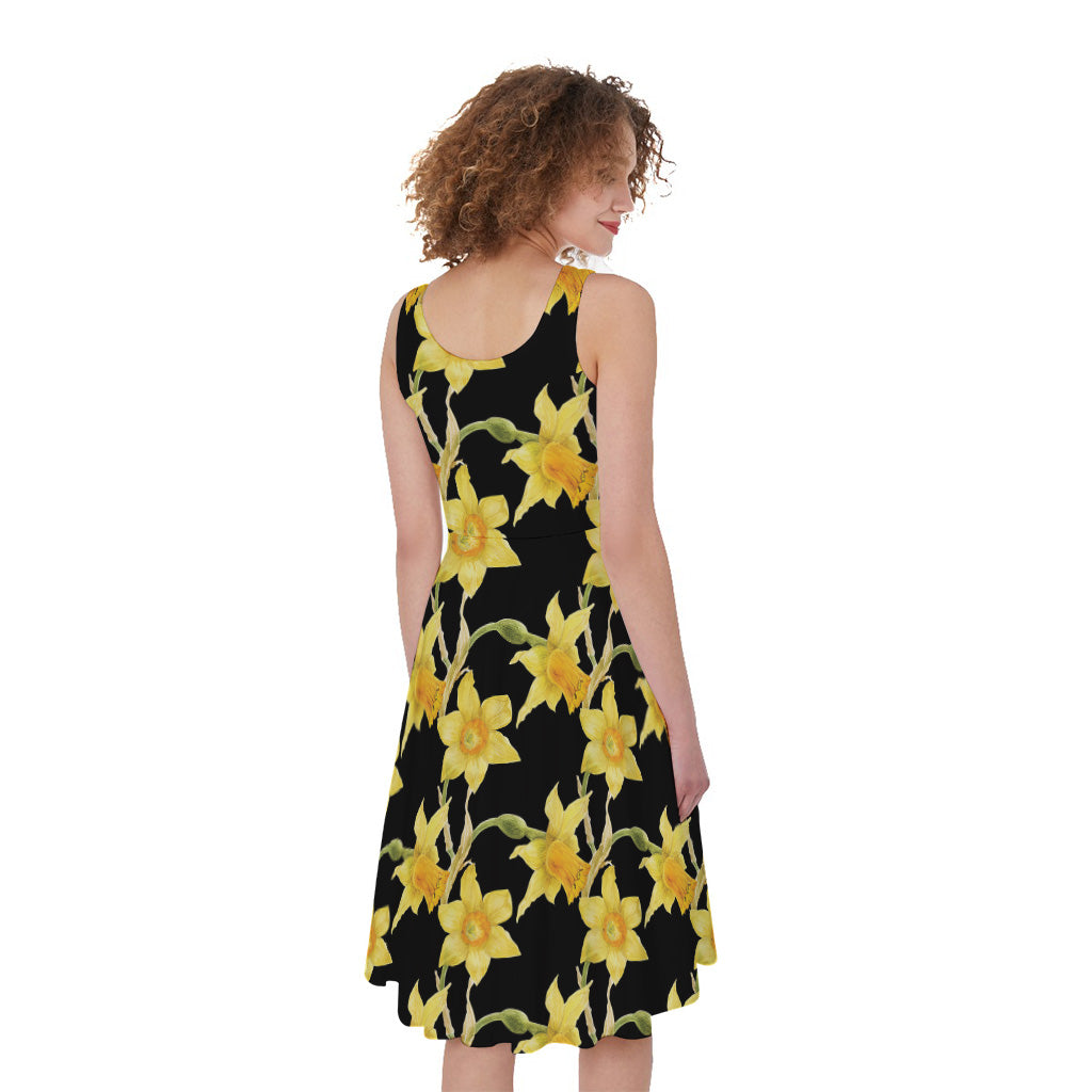 Watercolor Daffodil Flower Pattern Print Women's Sleeveless Dress