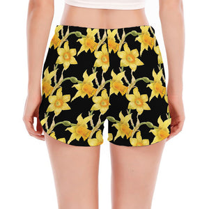 Watercolor Daffodil Flower Pattern Print Women's Split Running Shorts