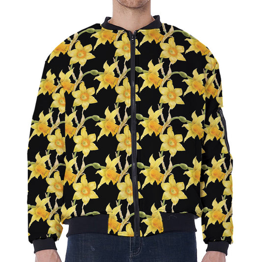 Watercolor Daffodil Flower Pattern Print Zip Sleeve Bomber Jacket
