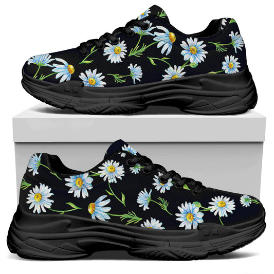 Watercolor Daisy Floral Pattern Print Black Chunky Shoes