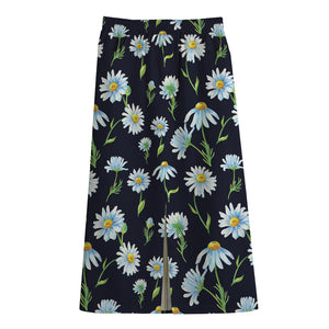 Watercolor Daisy Floral Pattern Print Cotton Front Slit Maxi Skirt