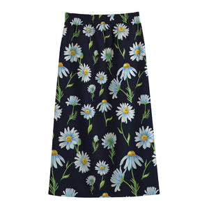 Watercolor Daisy Floral Pattern Print Cotton Front Slit Maxi Skirt