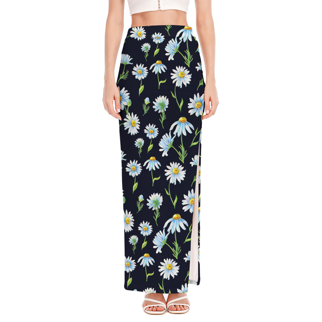 Watercolor Daisy Floral Pattern Print High Slit Maxi Skirt