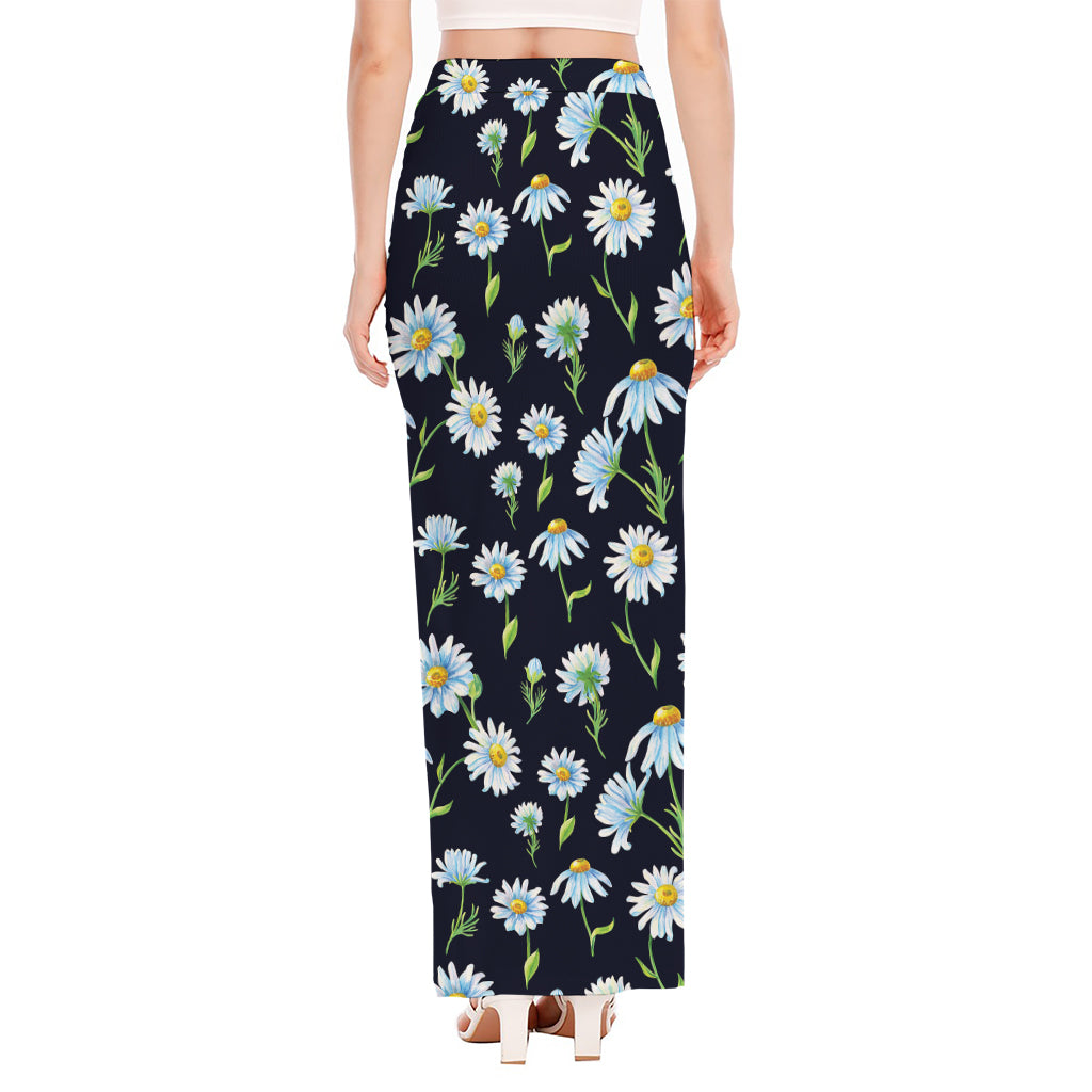 Watercolor Daisy Floral Pattern Print High Slit Maxi Skirt