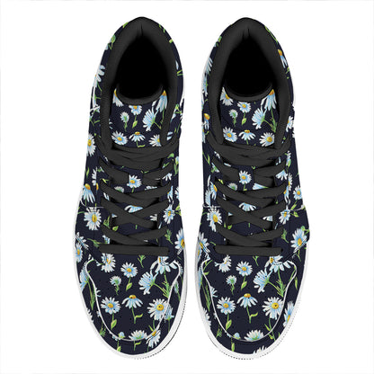 Watercolor Daisy Floral Pattern Print High Top Leather Sneakers