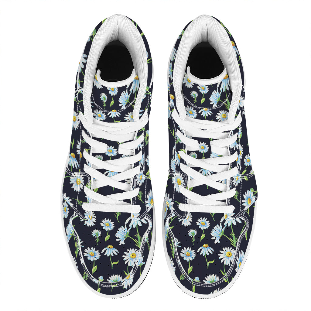 Watercolor Daisy Floral Pattern Print High Top Leather Sneakers