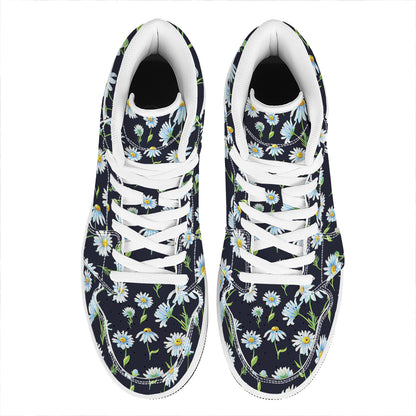 Watercolor Daisy Floral Pattern Print High Top Leather Sneakers