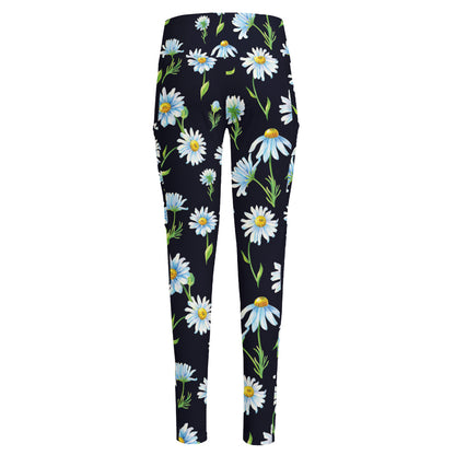 Watercolor Daisy Floral Pattern Print High-Waisted Pocket Leggings