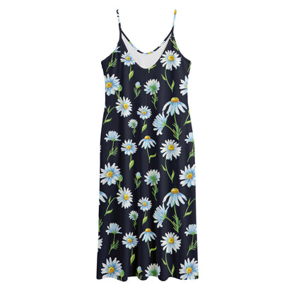 Watercolor Daisy Floral Pattern Print Jersey Midi Cami Dress