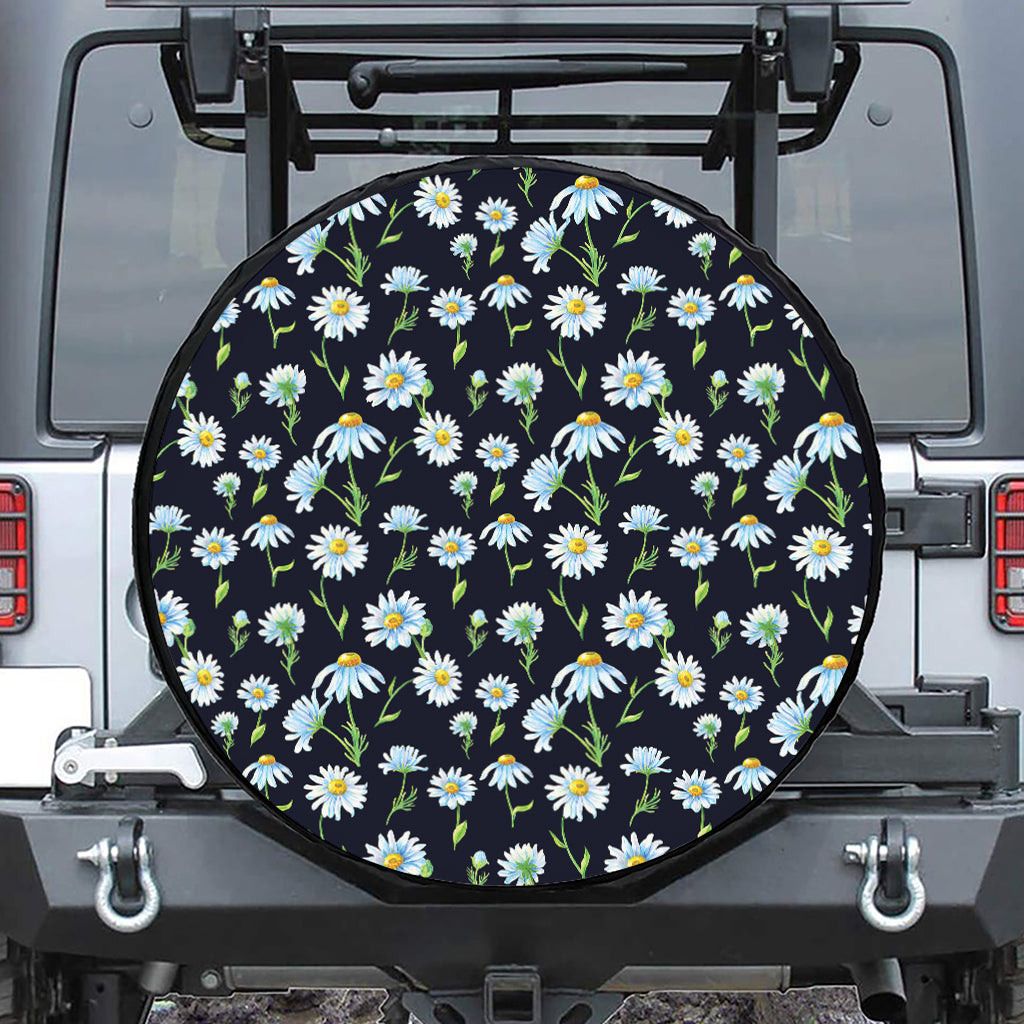 Watercolor Daisy Floral Pattern Print Leather Spare Tire Cover