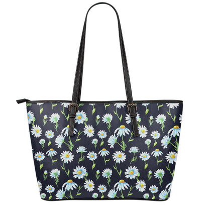 Watercolor Daisy Floral Pattern Print Leather Tote Bag