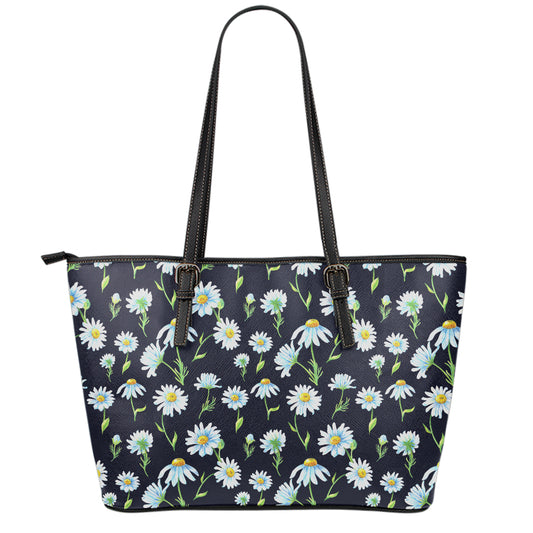 Watercolor Daisy Floral Pattern Print Leather Tote Bag