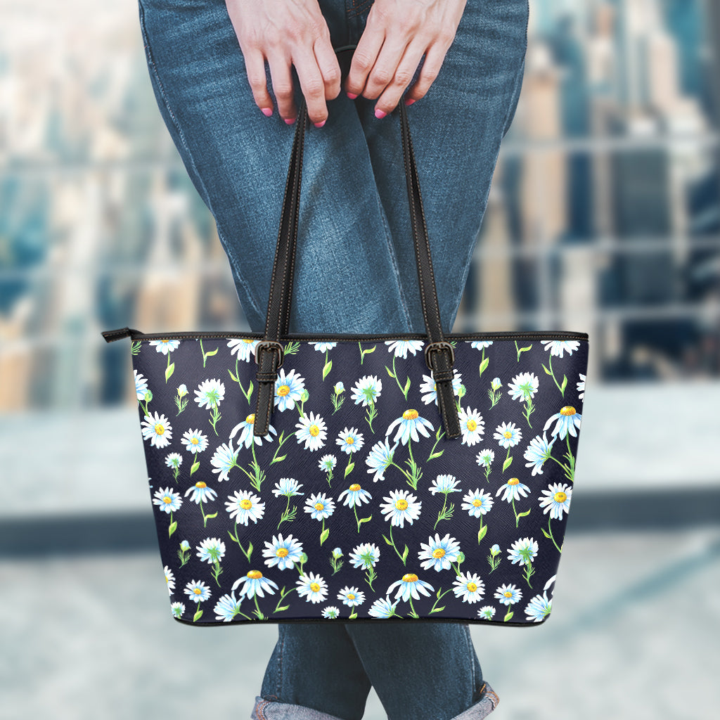 Watercolor Daisy Floral Pattern Print Leather Tote Bag