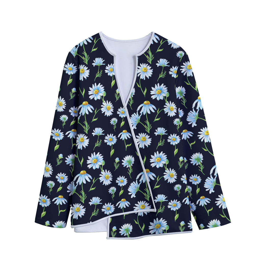 Watercolor Daisy Floral Pattern Print Long Sleeve Short Coat