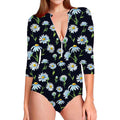 Watercolor Daisy Floral Pattern Print Long Sleeve Swimsuit