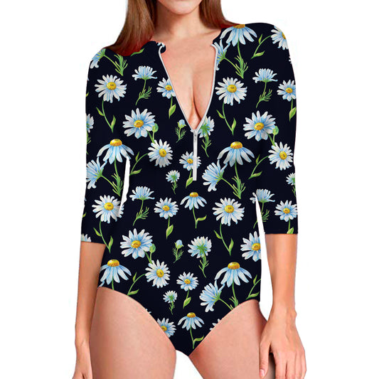 Watercolor Daisy Floral Pattern Print Long Sleeve Swimsuit