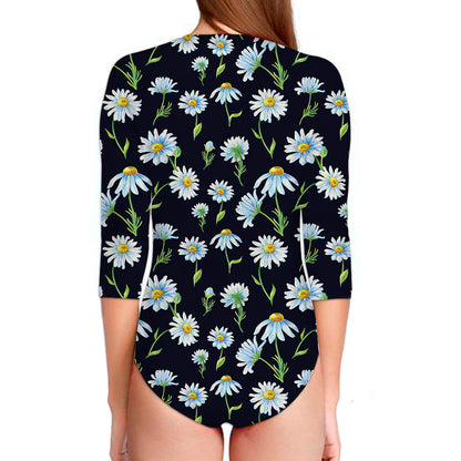 Watercolor Daisy Floral Pattern Print Long Sleeve Swimsuit