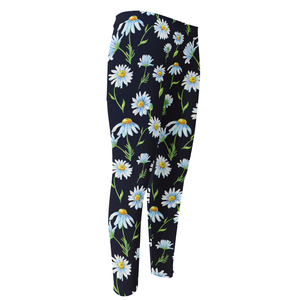 Watercolor Daisy Floral Pattern Print Men's Compression Pants