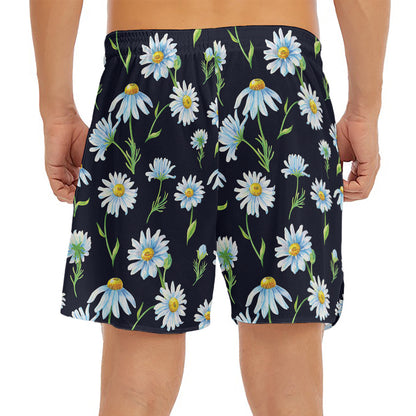 Watercolor Daisy Floral Pattern Print Men's Split Running Shorts