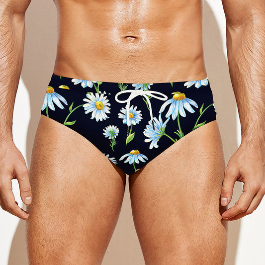 Watercolor Daisy Floral Pattern Print Men's Swim Briefs