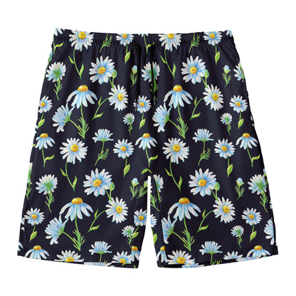 Watercolor Daisy Floral Pattern Print Men's Swim Trunks