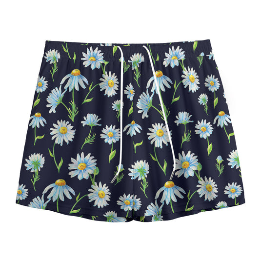 Watercolor Daisy Floral Pattern Print Mesh Shorts