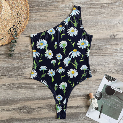 Watercolor Daisy Floral Pattern Print One Shoulder Bodysuit