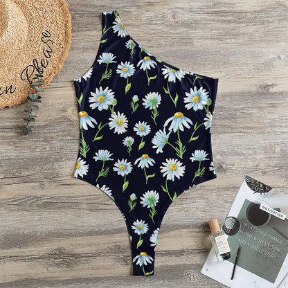 Watercolor Daisy Floral Pattern Print One Shoulder Bodysuit