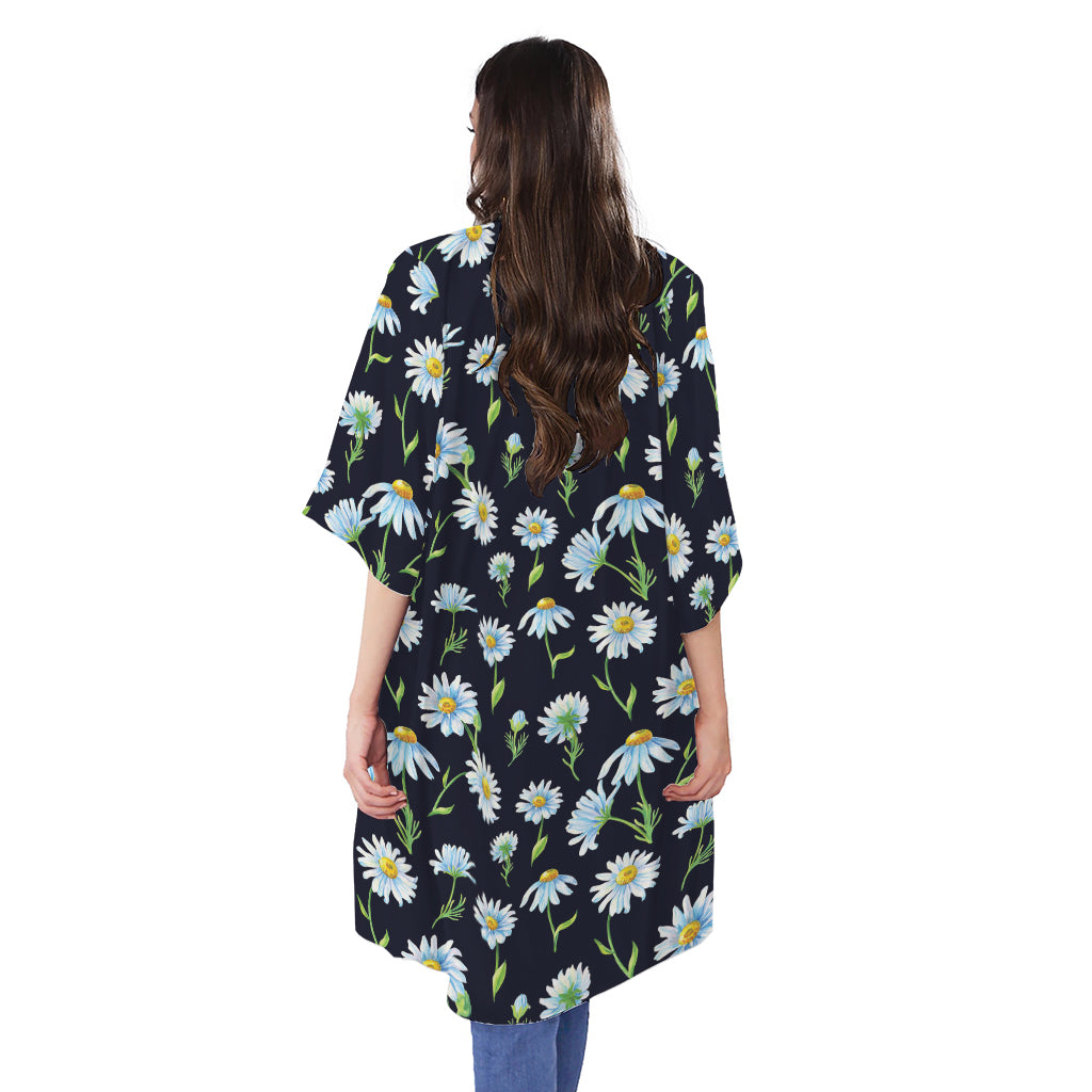 Watercolor Daisy Floral Pattern Print Open Front Beach Cover Up