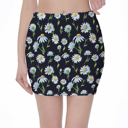 Watercolor Daisy Floral Pattern Print Pencil Mini Skirt