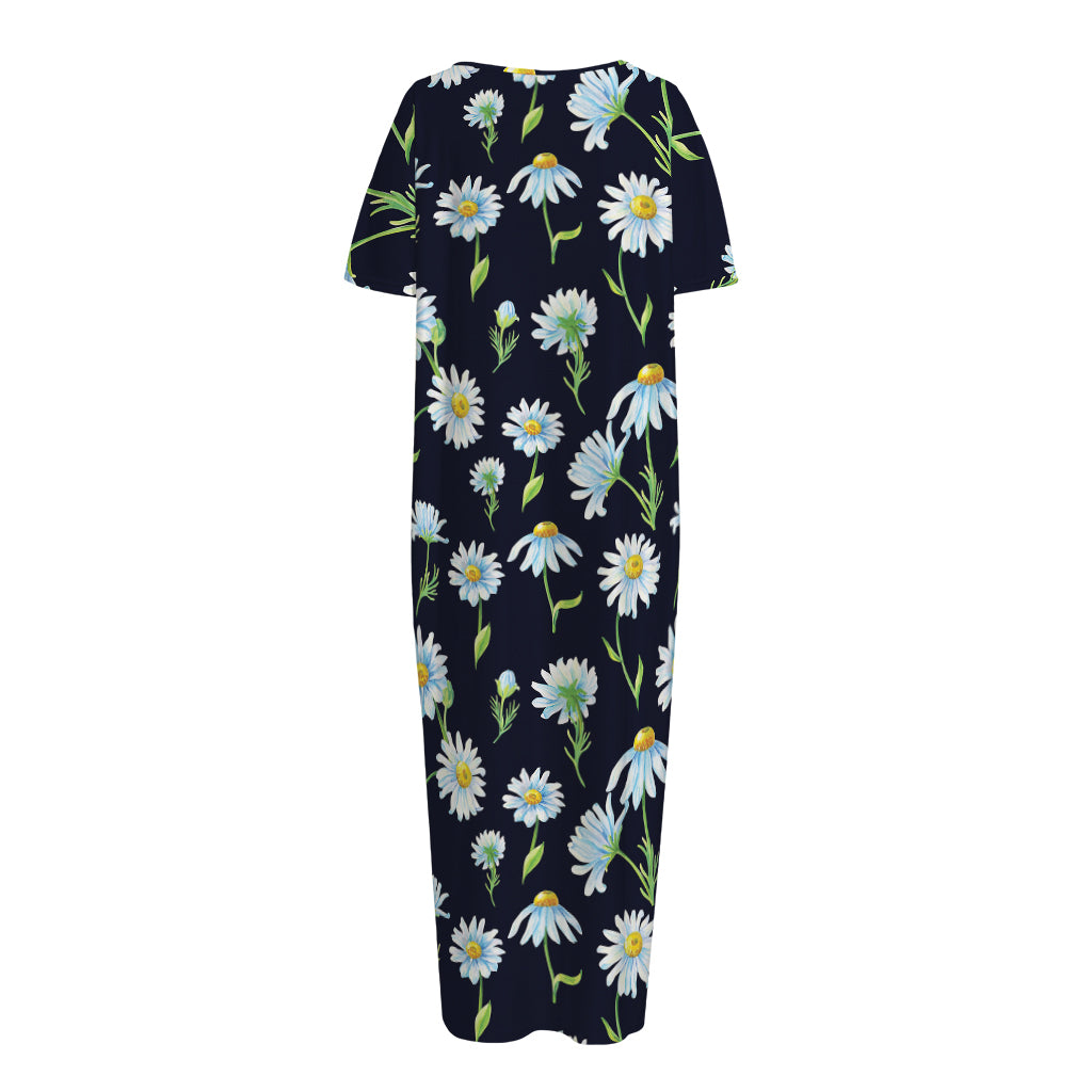 Watercolor Daisy Floral Pattern Print Short Sleeve Long Nightdress