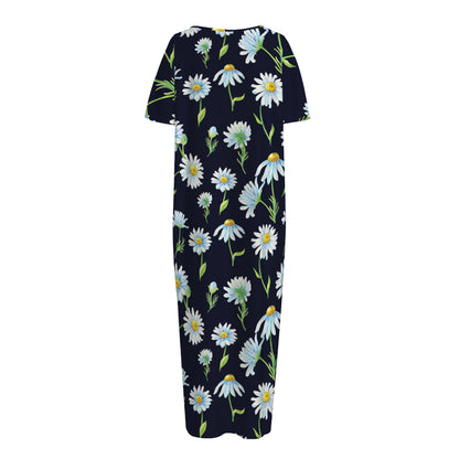 Watercolor Daisy Floral Pattern Print Short Sleeve Long Nightdress