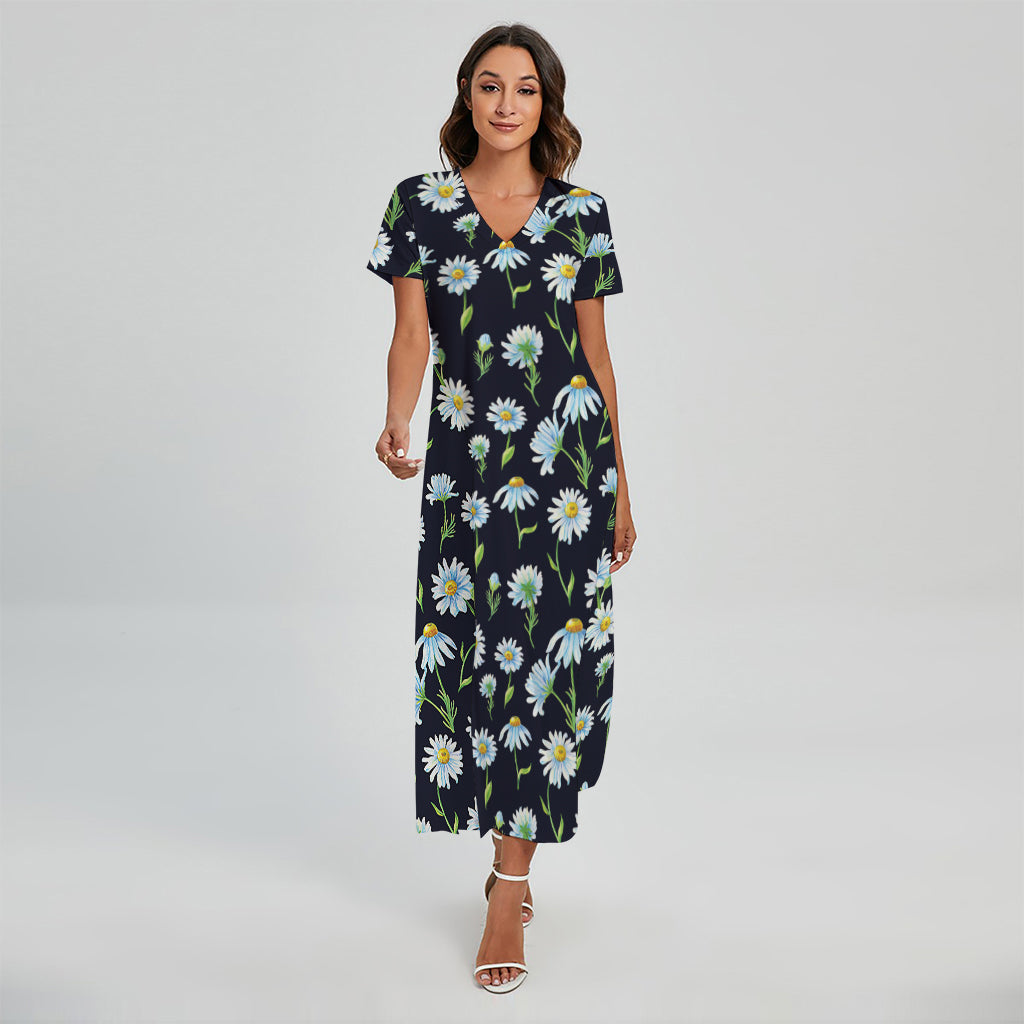 Watercolor Daisy Floral Pattern Print Short Sleeve Maxi Dress