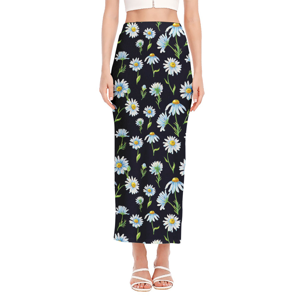 Watercolor Daisy Floral Pattern Print Side Slit Maxi Skirt