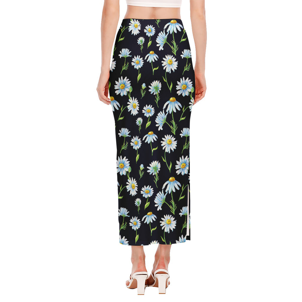 Watercolor Daisy Floral Pattern Print Side Slit Maxi Skirt