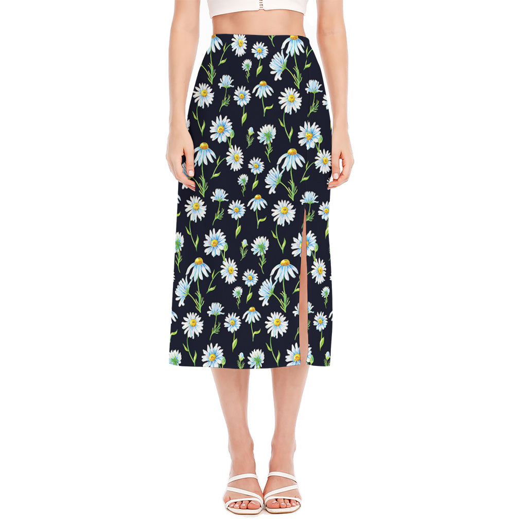 Watercolor Daisy Floral Pattern Print Side Slit Midi Skirt