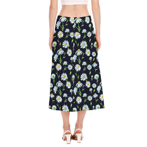 Watercolor Daisy Floral Pattern Print Side Slit Midi Skirt