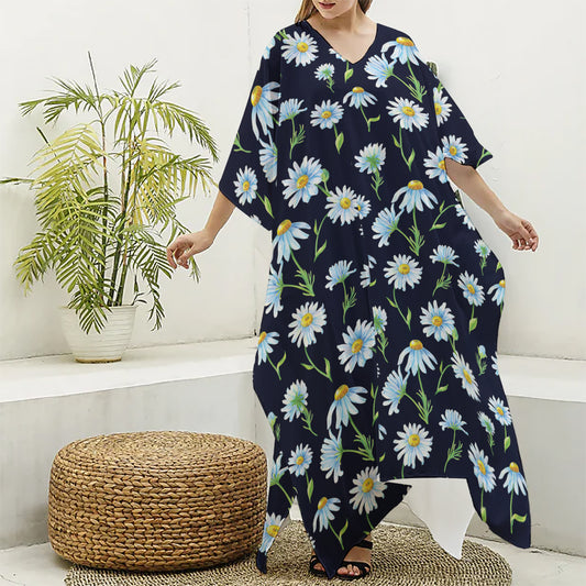 Watercolor Daisy Floral Pattern Print Silk V-Neck Kaftan Dress