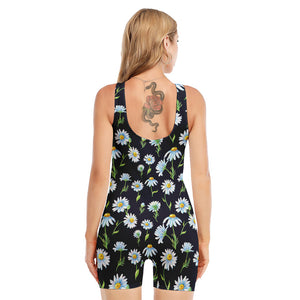 Watercolor Daisy Floral Pattern Print Sleeveless One Piece Swimsuit