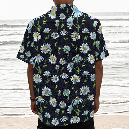 Watercolor Daisy Floral Pattern Print Textured Short Sleeve Shirt