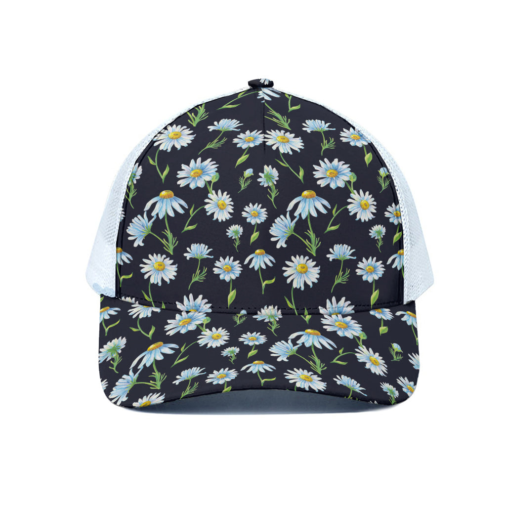 Watercolor Daisy Floral Pattern Print White Mesh Trucker Cap