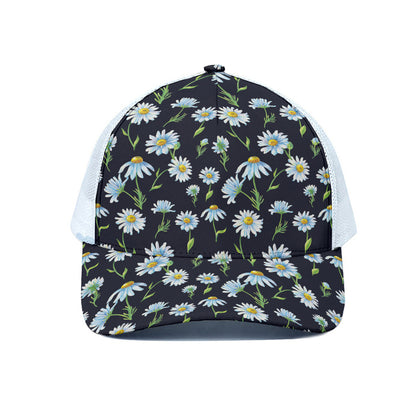 Watercolor Daisy Floral Pattern Print White Mesh Trucker Cap