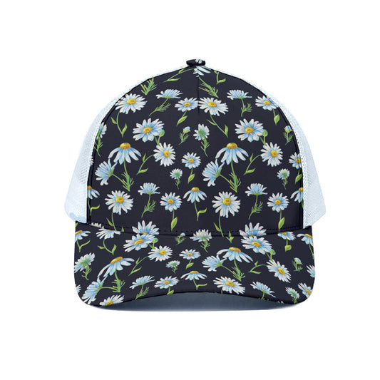 Watercolor Daisy Floral Pattern Print White Mesh Trucker Cap