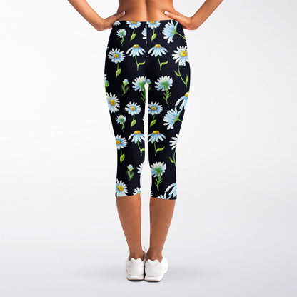 Watercolor Daisy Floral Pattern Print Women's Capri Leggings