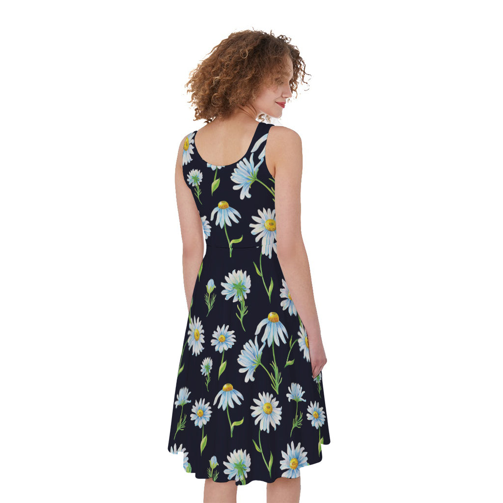 Watercolor Daisy Floral Pattern Print Women's Sleeveless Dress